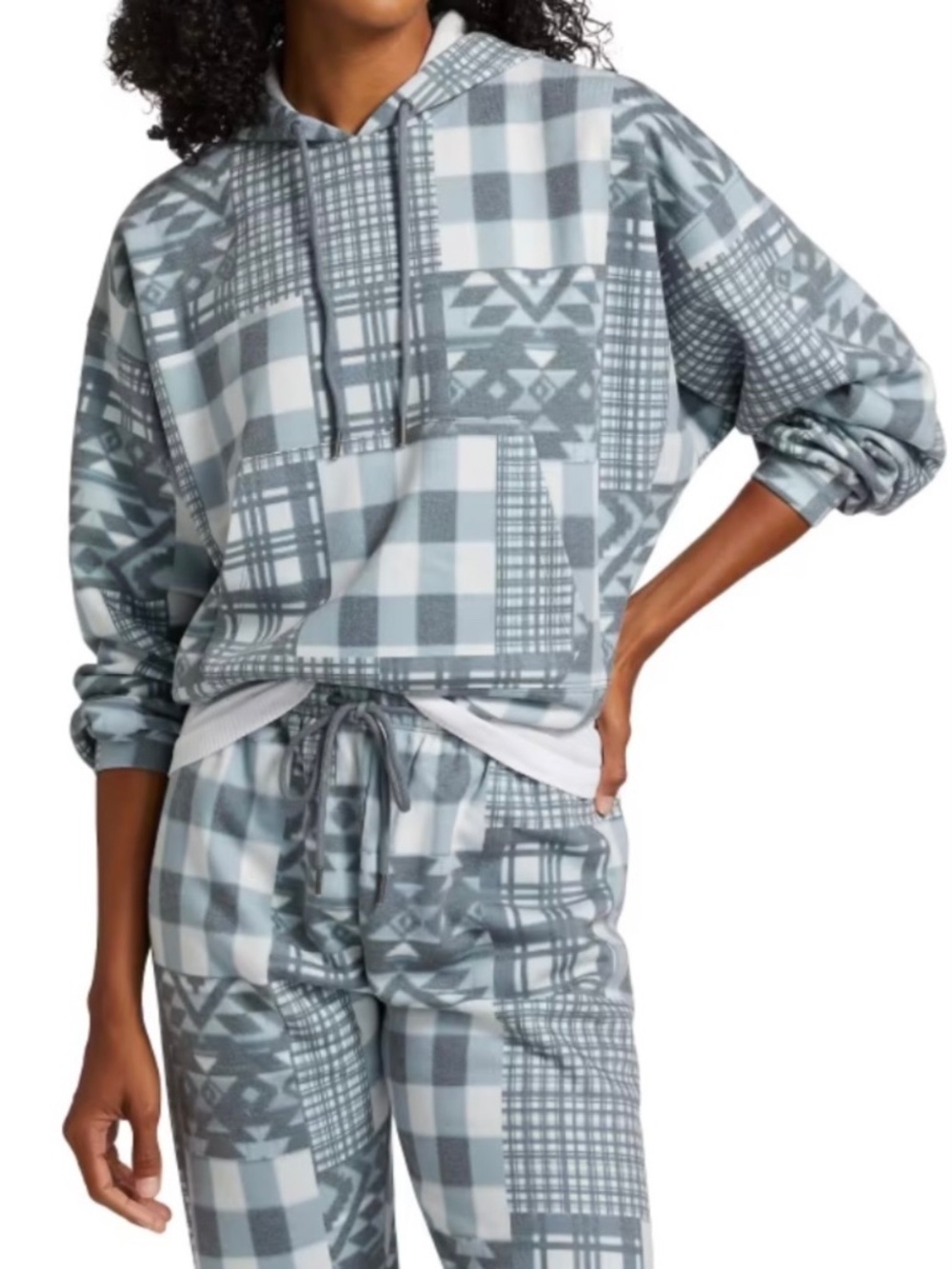 Saks Fifth Avenue Set Patchwork Fleece Jogger Pants & Hoodie Cabin Blue SZ XL